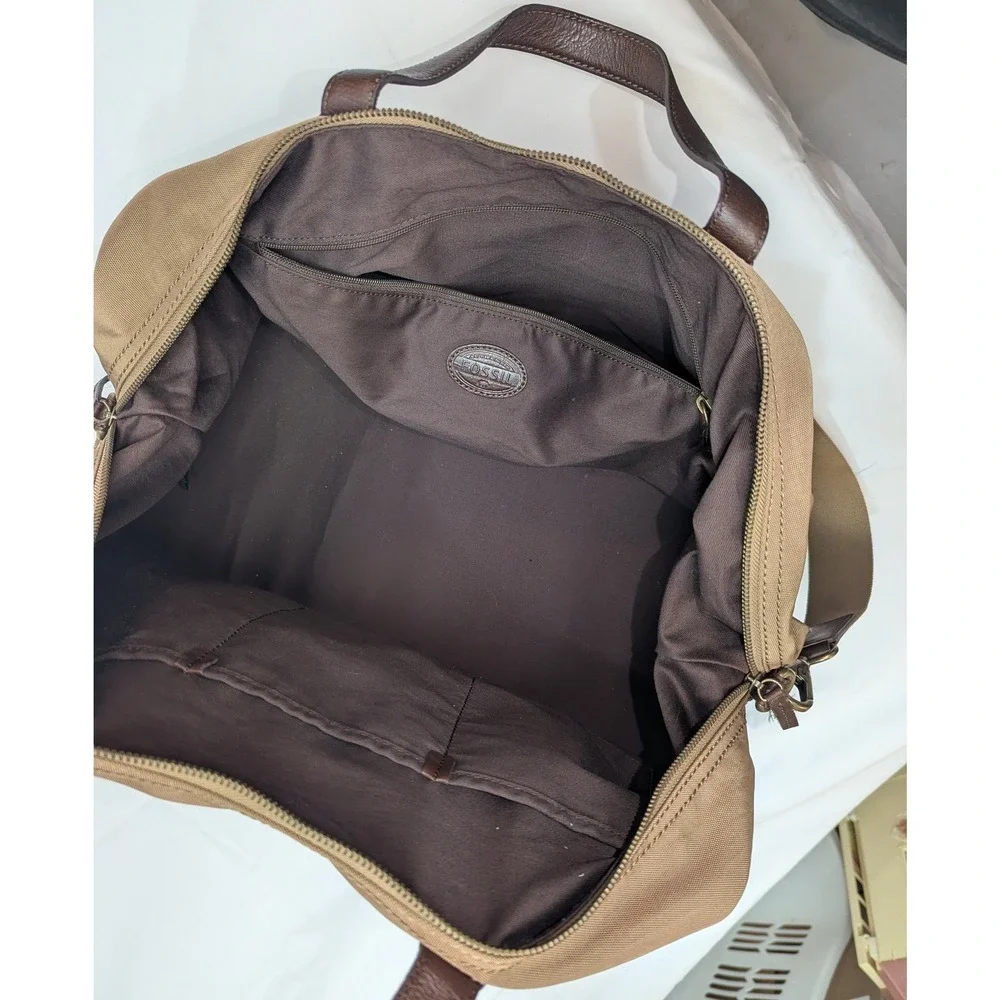 Fossil Duffle Bag Tan Canvas Brown Leather Trim Weekender Travel Luggage Large